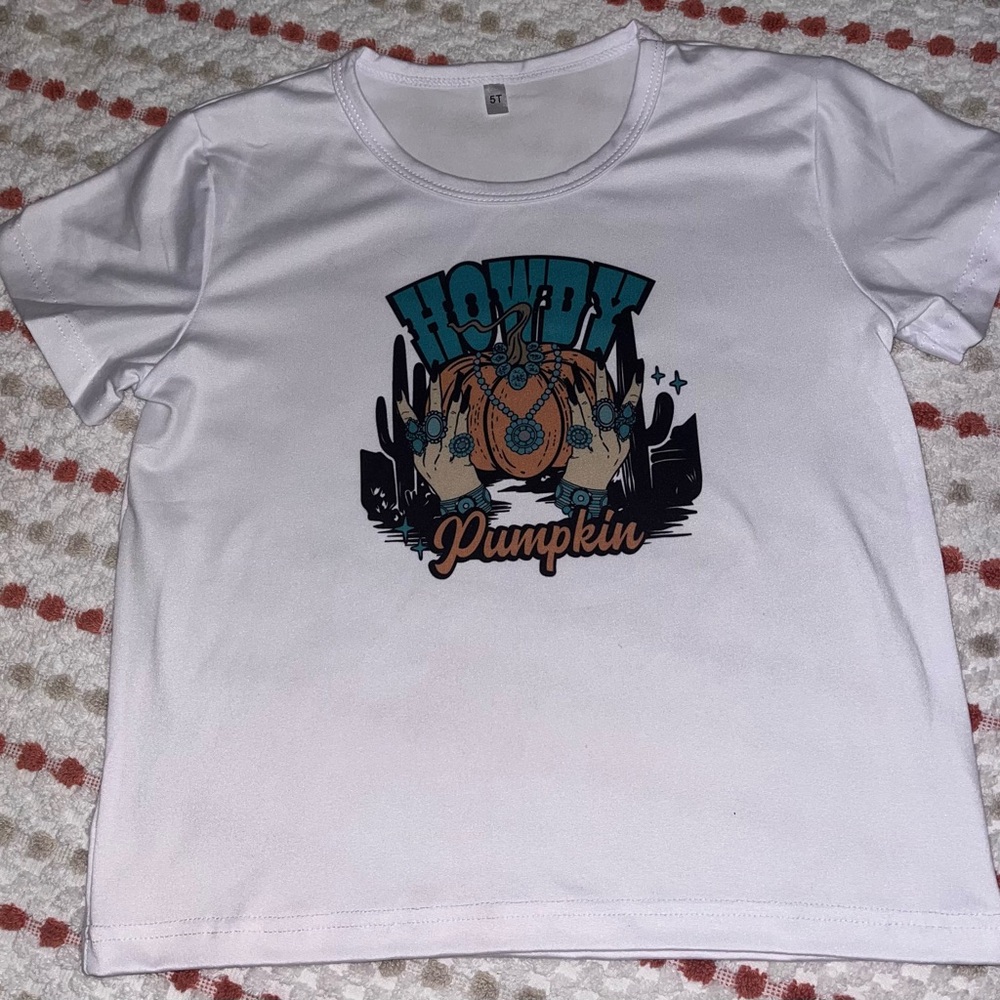 White Graphic Tee with Pumpkin Design